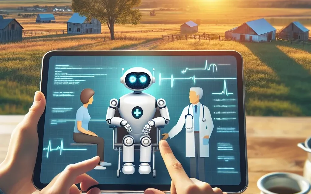 "AI-powered medical chatbot assisting a patient with triage in a rural healthcare setting, highlighting advancements in telemedicine for underserved areas in the U.S."