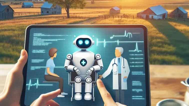 "AI-powered medical chatbot assisting a patient with triage in a rural healthcare setting, highlighting advancements in telemedicine for underserved areas in the U.S."