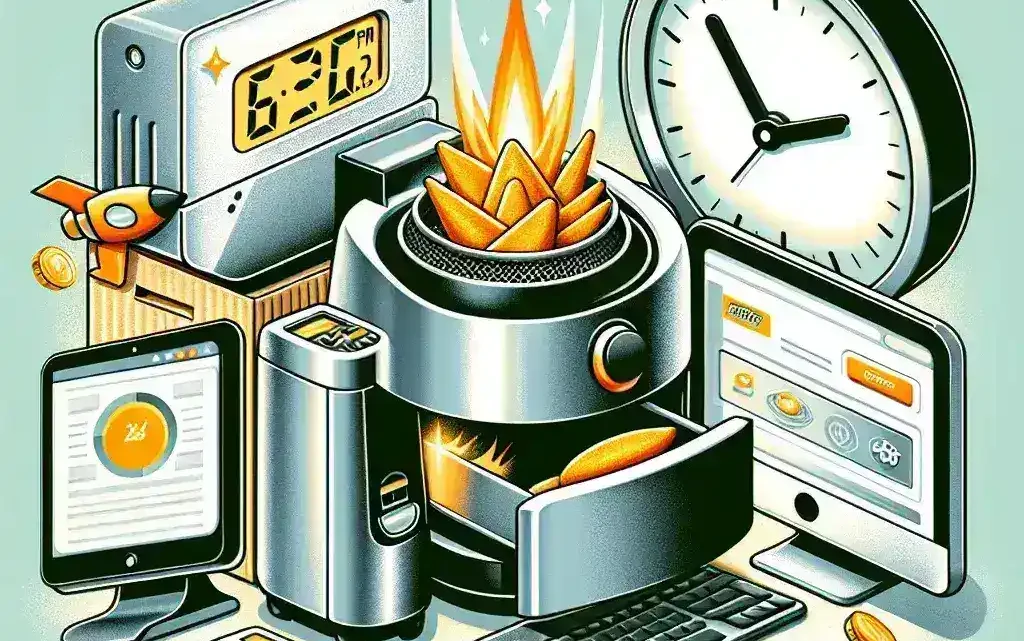 "Air fryer and online banking interface showcasing technology that enhances time-saving efficiency in modern lifestyles."