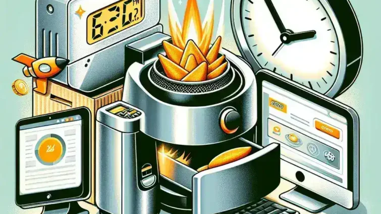 "Air fryer and online banking interface showcasing technology that enhances time-saving efficiency in modern lifestyles."