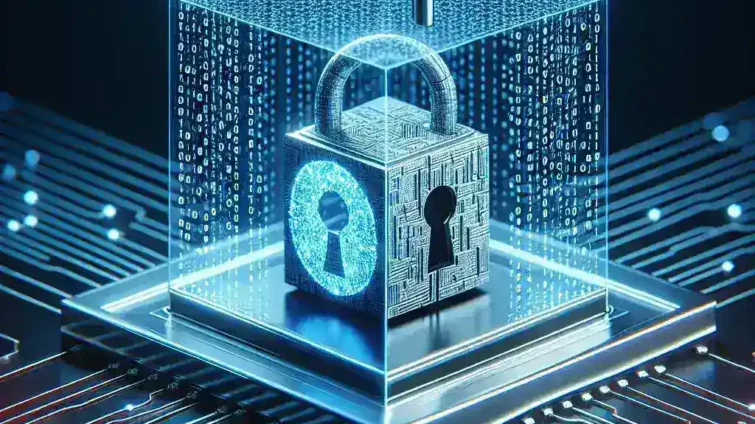 "Illustration of Confidential VMs safeguarding AI model privacy with secure cloud infrastructure, data encryption, and privacy features in a technology landscape."