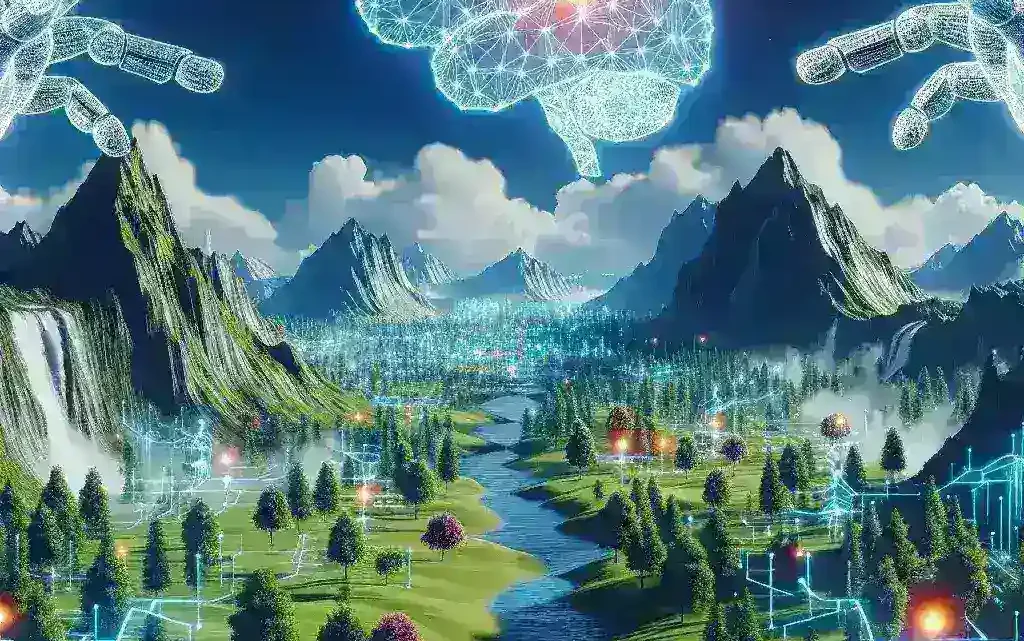 "Realistic in-game environment created with AI technology, showcasing advanced graphics, dynamic lighting, and lifelike textures in a gaming landscape."