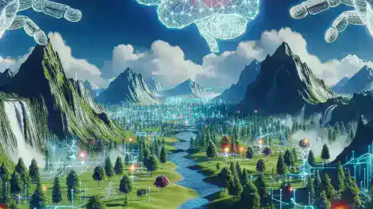 "Realistic in-game environment created with AI technology, showcasing advanced graphics, dynamic lighting, and lifelike textures in a gaming landscape."