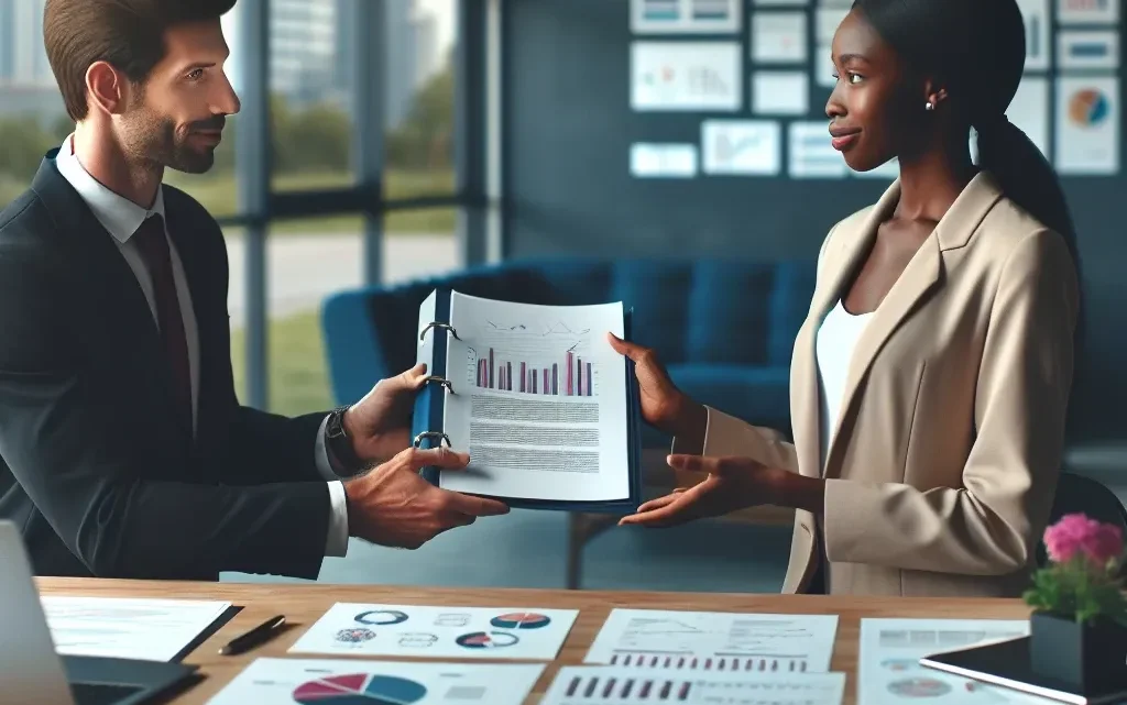 "Professional team collaborating on project documents for a client handoff, highlighting effective communication and preparation for seamless project delivery in a business setting."