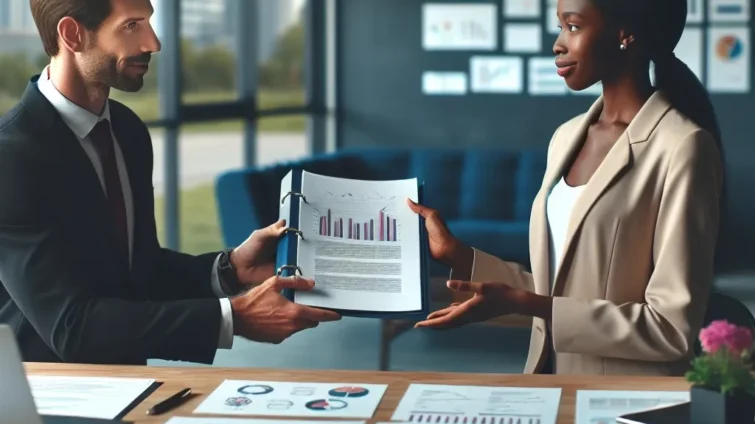 "Professional team collaborating on project documents for a client handoff, highlighting effective communication and preparation for seamless project delivery in a business setting."