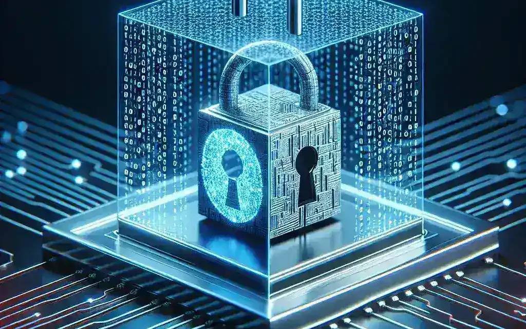 "Illustration of Confidential VMs safeguarding AI model privacy with secure cloud infrastructure, data encryption, and privacy features in a technology landscape."