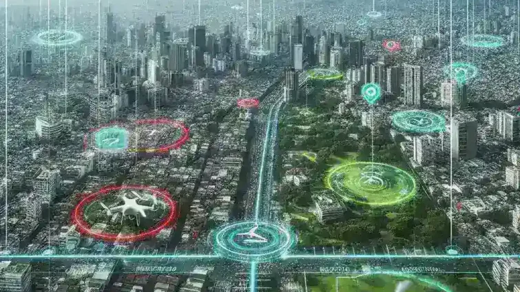 "Consumer drone with geofencing technology displayed on a transparency dashboard, illustrating no-fly zone boundaries for improved compliance and safety in aerial navigation."