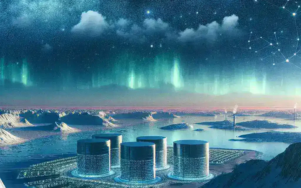 "Satellite view of Greenland highlighting emerging technology infrastructure as tech giants explore new opportunities in space and IT innovation."