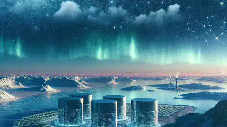 "Satellite view of Greenland highlighting emerging technology infrastructure as tech giants explore new opportunities in space and IT innovation."